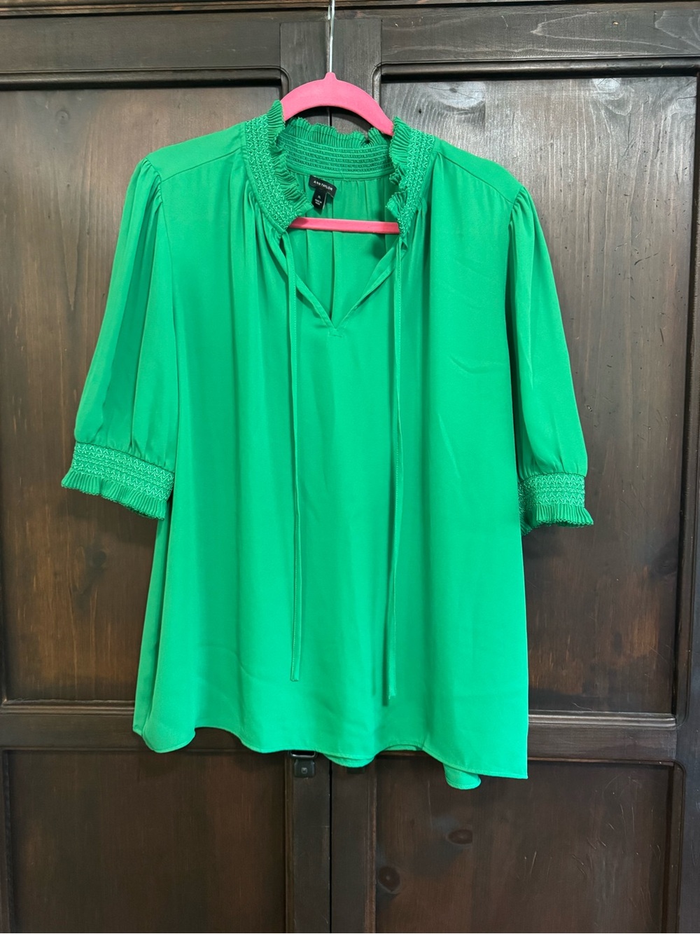 Ann Taylor Womens Green Smocked Neck Blouse size XL